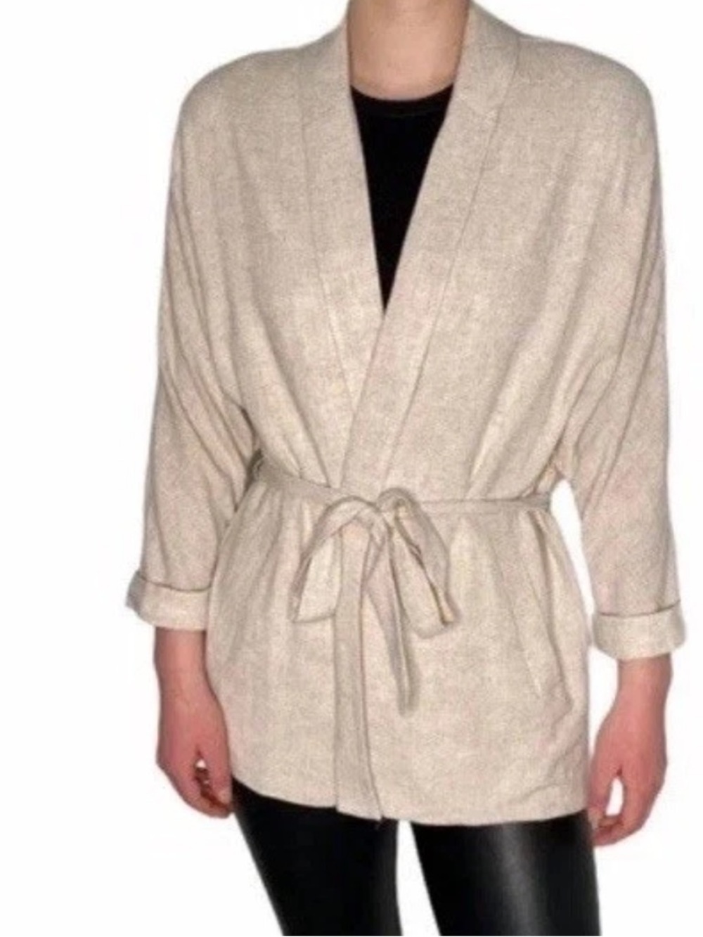 Frank & Oak Cream Wrap Kimono Style Blazer with Tie Waist